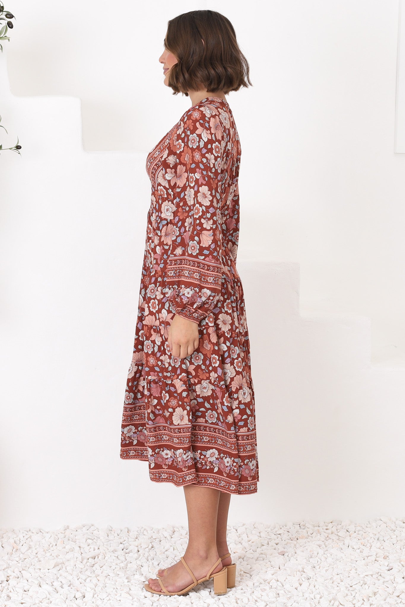 Bello Midi Dress - Button Through Dress with Balloon Sleeves in Anissa Print Rust