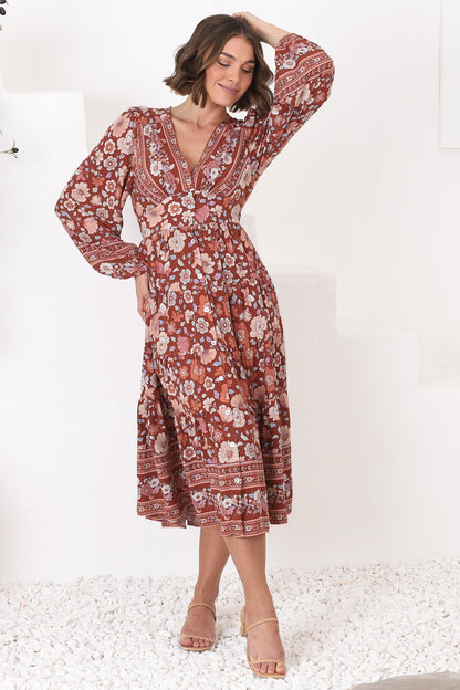 Bello Midi Dress - Button Through Dress with Balloon Sleeves in Anissa Print Rust