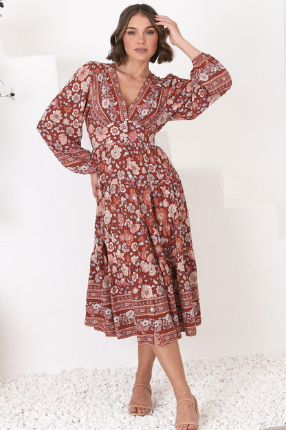 Bello Midi Dress - Button Through Dress with Balloon Sleeves in Anissa Print Rust