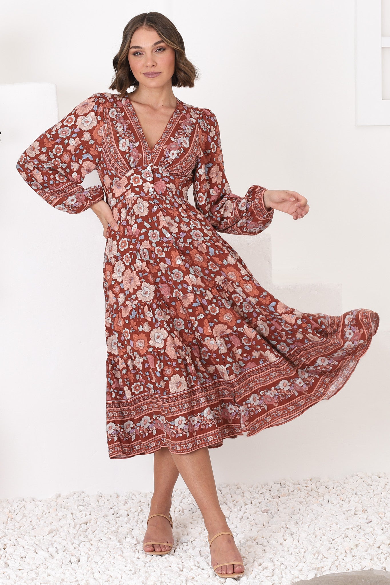 Bello Midi Dress - Button Through Dress with Balloon Sleeves in Anissa Print Rust