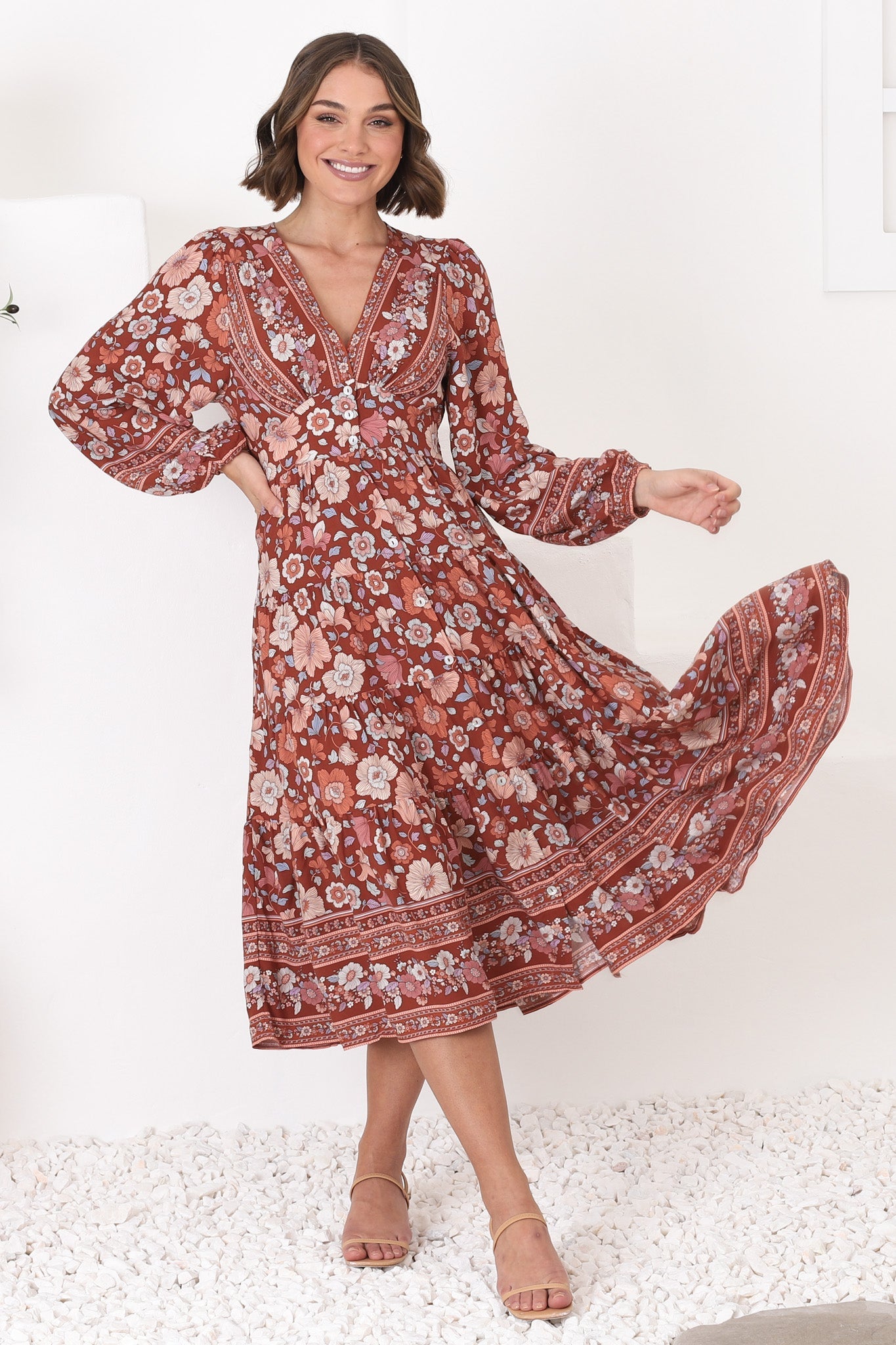 Bello Midi Dress - Button Through Dress with Balloon Sleeves in Anissa Print Rust