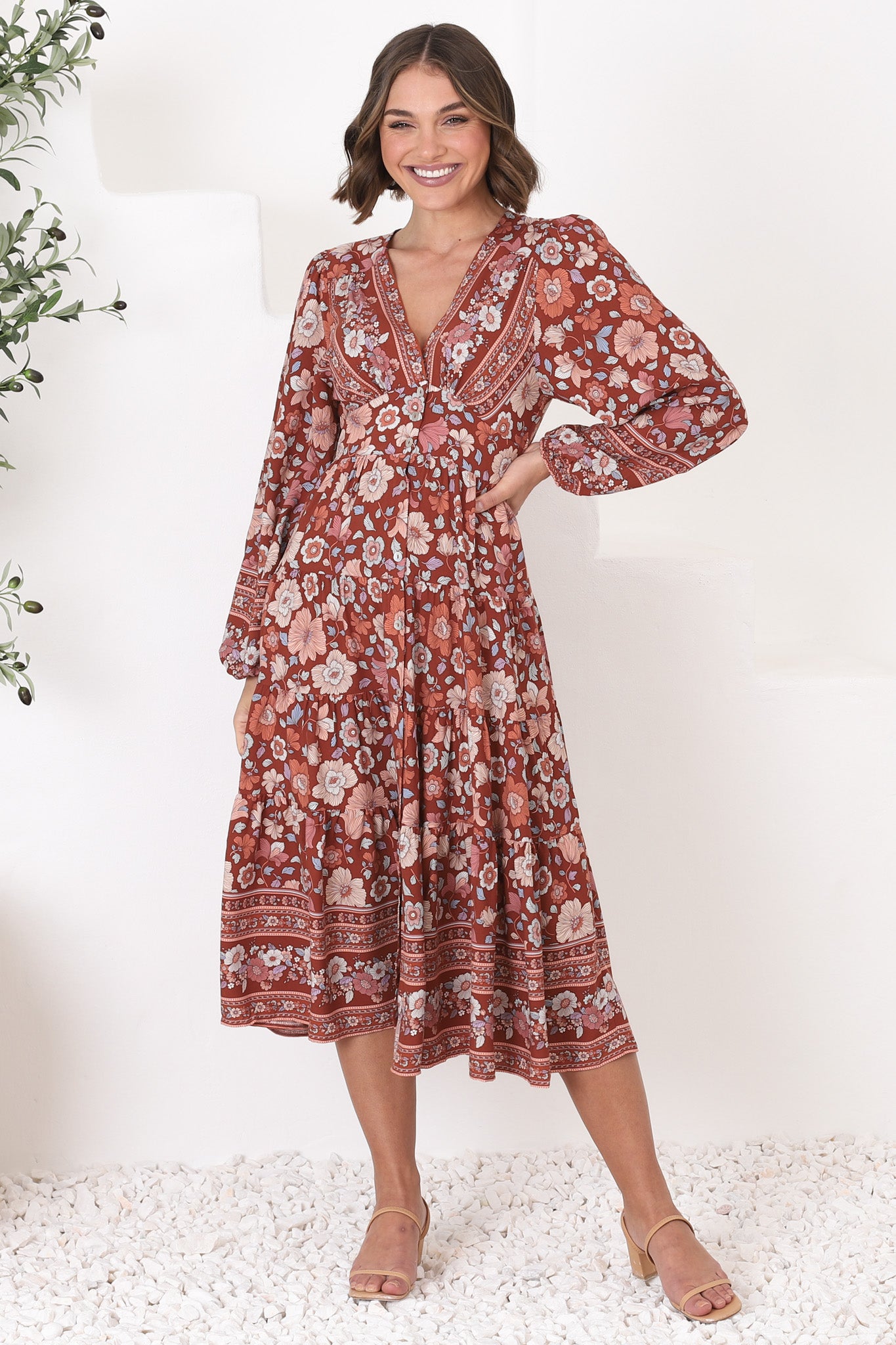 Bello Midi Dress - Button Through Dress with Balloon Sleeves in Anissa Print Rust