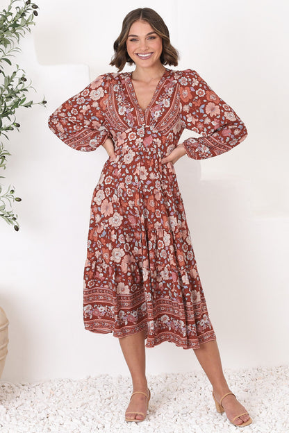 Bello Midi Dress - Button Through Dress with Balloon Sleeves in Anissa Print Rust