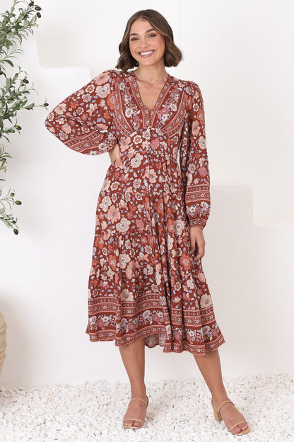 Bello Midi Dress - Button Through Dress with Balloon Sleeves in Anissa Print Rust