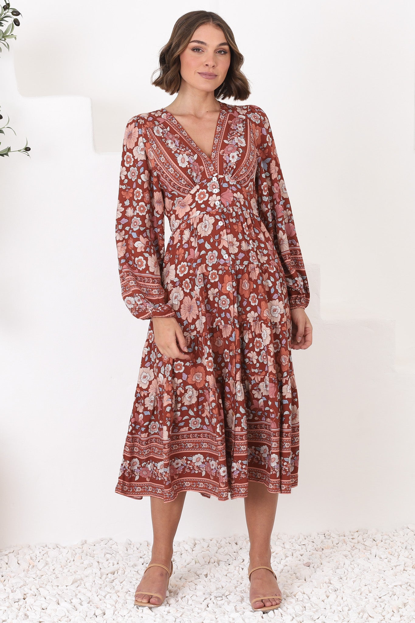 Bello Midi Dress - Button Through Dress with Balloon Sleeves in Anissa Print Rust