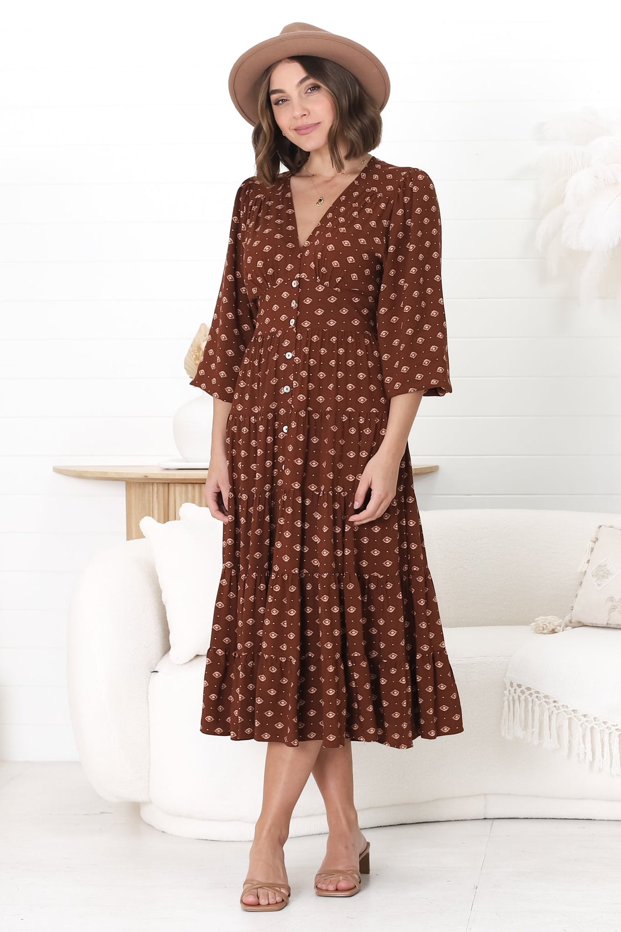 Bello Midi Dress - Button Through Dress with Balloon Sleeves in Kendy Print