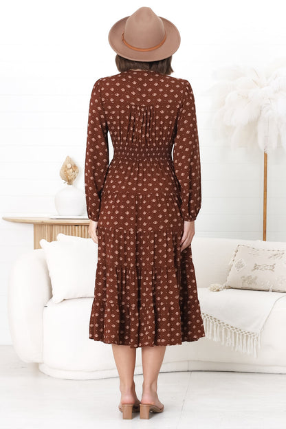 Bello Midi Dress - Button Through Dress with Balloon Sleeves in Kendy Print