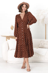 Bello Midi Dress - Button Through Dress with Balloon Sleeves in Kendy Print