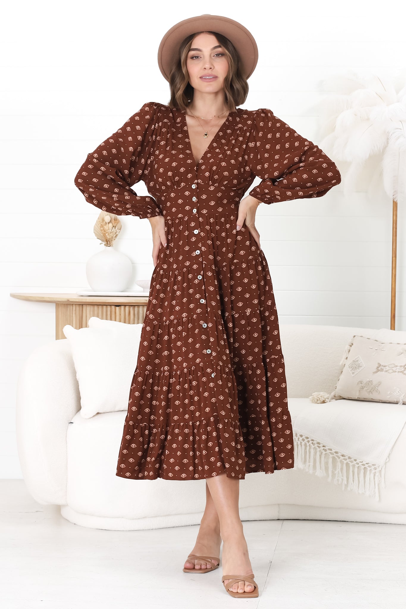 Bello Midi Dress - Button Through Dress with Balloon Sleeves in Kendy Print