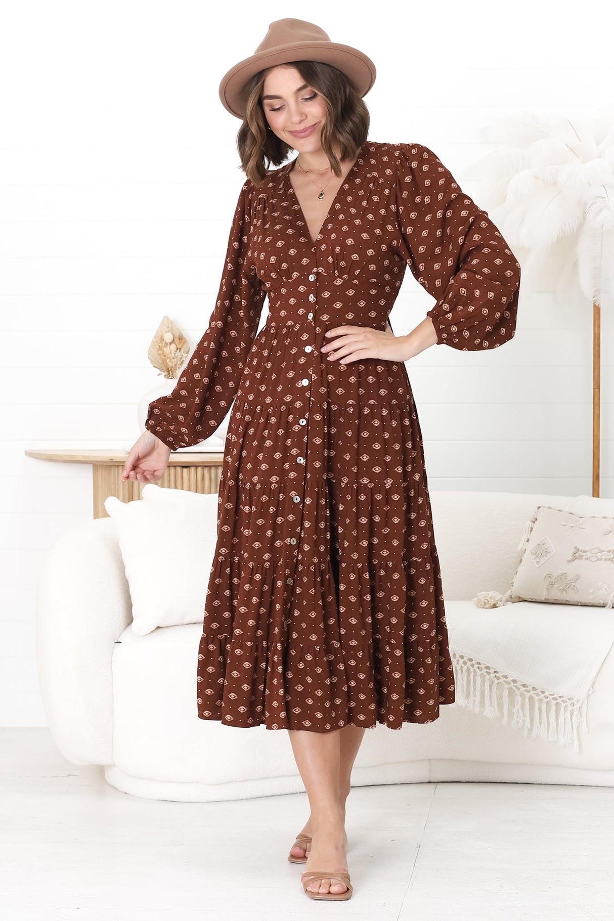 Bello Midi Dress - Button Through Dress with Balloon Sleeves in Kendy Print