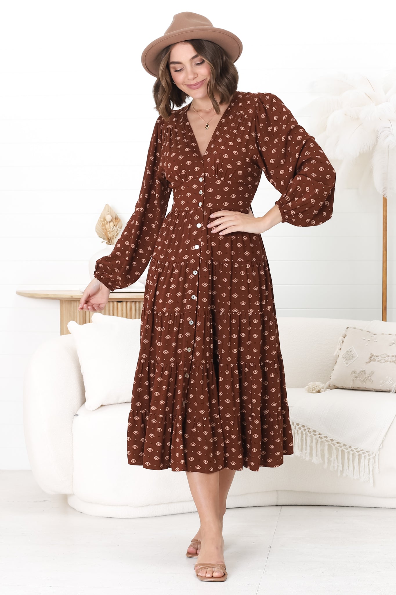 Bello Midi Dress - Button Through Dress with Balloon Sleeves in Kendy Print