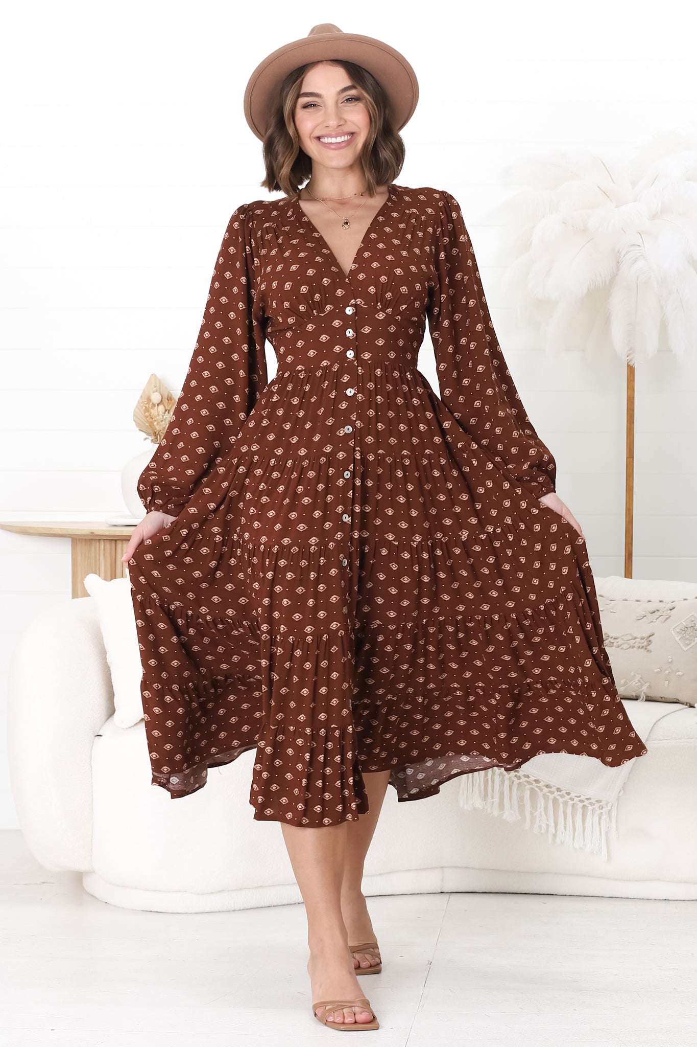 Bello Midi Dress - Button Through Dress with Balloon Sleeves in Kendy Print