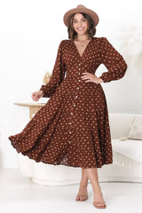 Bello Midi Dress - Button Through Dress with Balloon Sleeves in Kendy Print