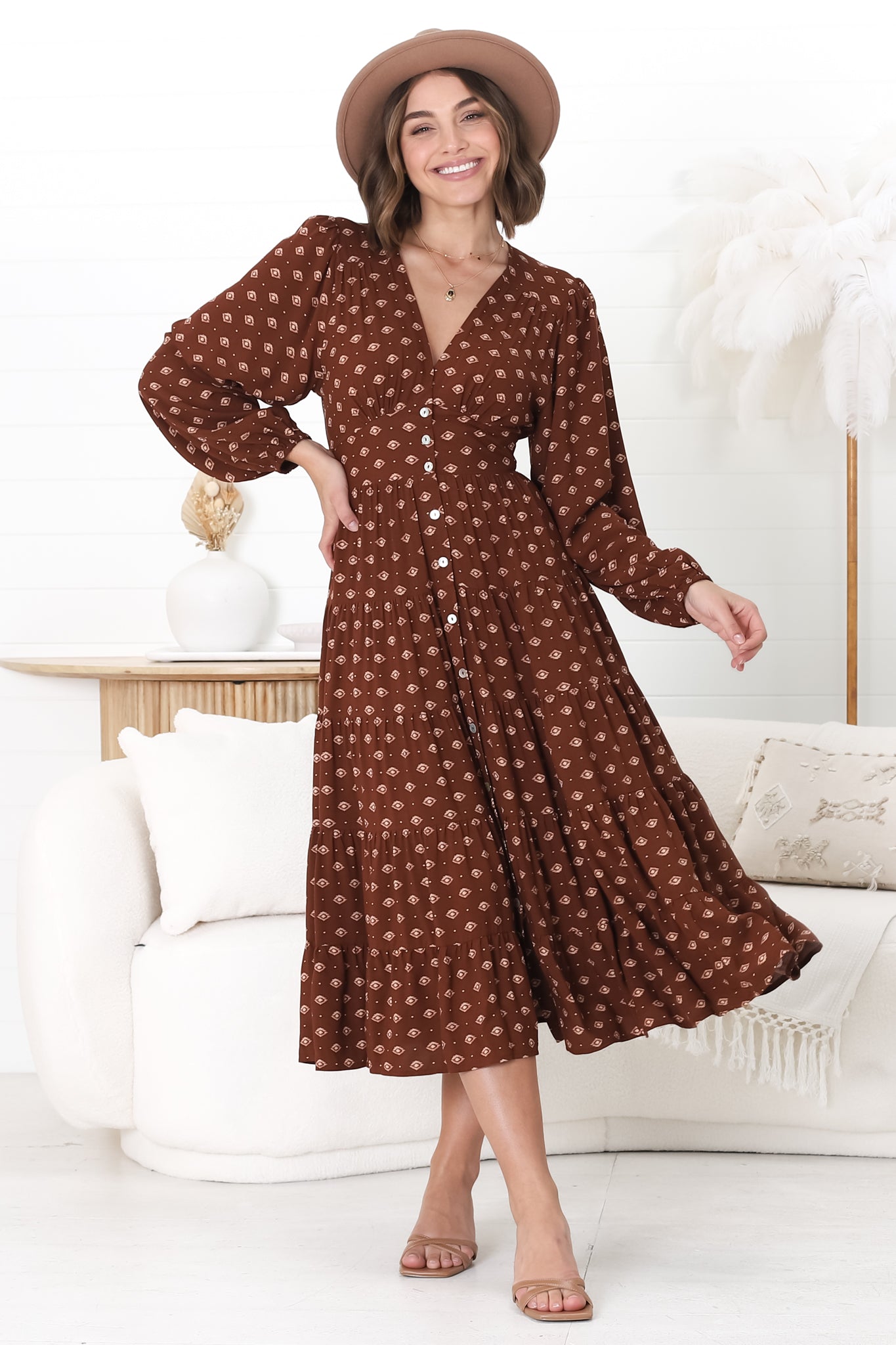 Bello Midi Dress - Button Through Dress with Balloon Sleeves in Kendy Print