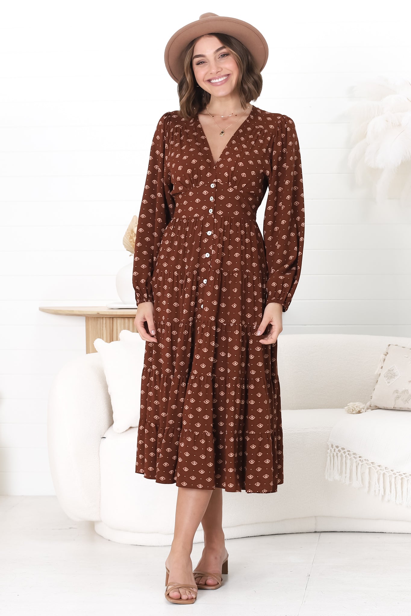 Bello Midi Dress - Button Through Dress with Balloon Sleeves in Kendy Print