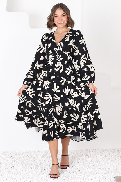 Bello Midi Dress - Button Through Dress with Balloon Sleeves in Stassie Print