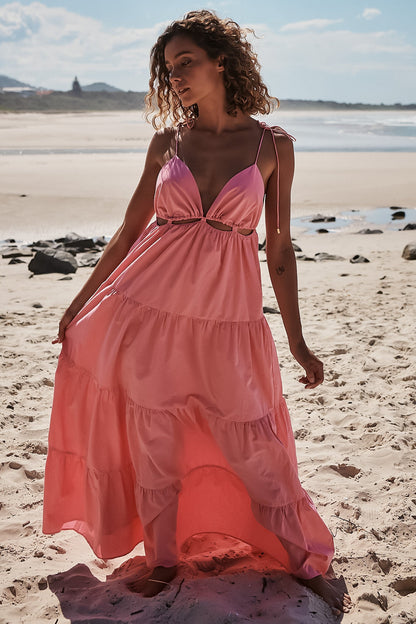 JAASE - Benita Maxi Dress: Adjustable Strap and Bust Cut Out Tiered Dress in Cotton Candy Pink
