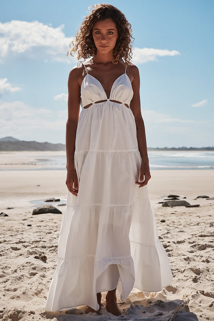 JAASE - Benita Maxi Dress: Adjustable Strap and Bust Cut Out Tiered Dress in Cotton Candy White