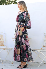 Bennett Maxi Dress - Split Crew Neck A-Line Tiered Dress with Pleat Details in Annalisa Print