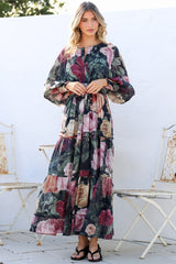 Bennett Maxi Dress - Split Crew Neck A-Line Tiered Dress with Pleat Details in Annalisa Print