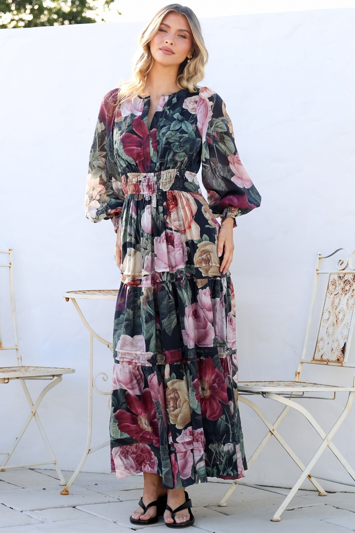Bennett Maxi Dress - Split Crew Neck A-Line Tiered Dress with Pleat Details in Annalisa Print