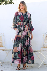 Bennett Maxi Dress - Split Crew Neck A-Line Tiered Dress with Pleat Details in Annalisa Print