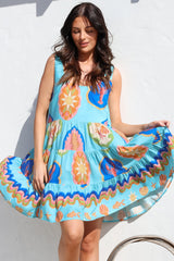Benni Mini Dress - Scoop Neckline Tiered Sun Dress in Boardwalk Print