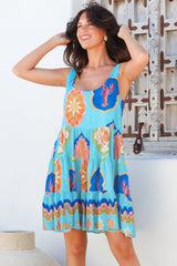 Benni Mini Dress - Scoop Neckline Tiered Sun Dress in Boardwalk Print