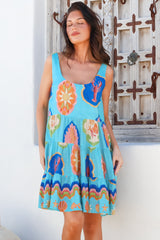 Benni Mini Dress - Scoop Neckline Tiered Sun Dress in Boardwalk Print