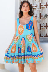Benni Mini Dress - Scoop Neckline Tiered Sun Dress in Boardwalk Print