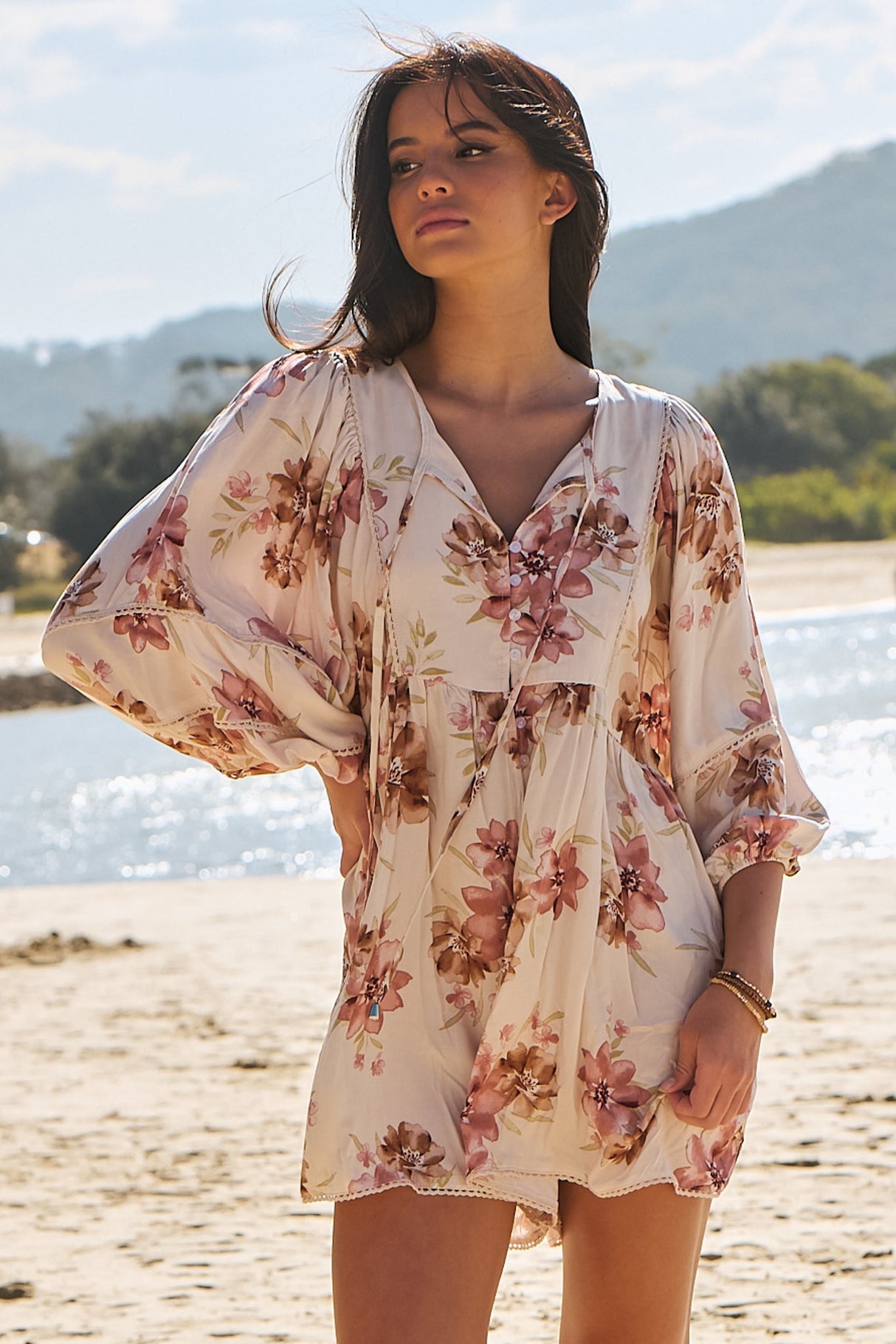 JAASE - Bentley Playsuit: Oversized Button Down Balloon Sleeve Romper in Love Story Print