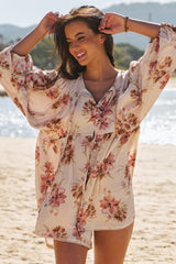 JAASE - Bentley Playsuit: Oversized Button Down Balloon Sleeve Romper in Love Story Print