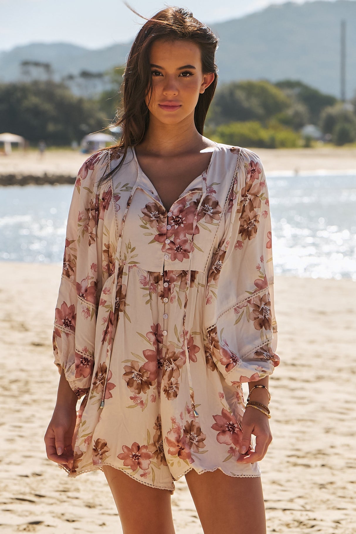 JAASE - Bentley Playsuit: Oversized Button Down Balloon Sleeve Romper in Love Story Print