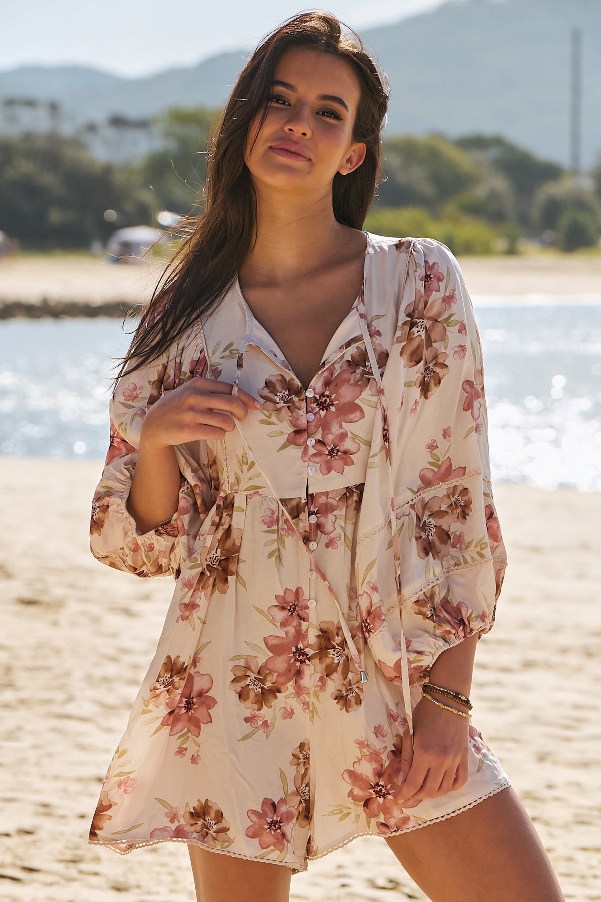 JAASE - Bentley Playsuit: Oversized Button Down Balloon Sleeve Romper in Love Story Print