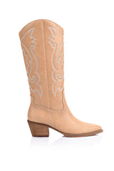 Bentley Embroidered Cowboy Boots- Biscuit