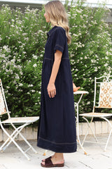 Bento Midi Dress - Wing Collar Button Down Shirt Dress with Contrast Stitching in Indigo