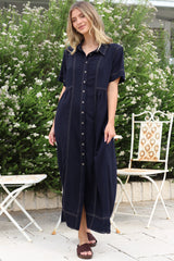 Bento Midi Dress - Wing Collar Button Down Shirt Dress with Contrast Stitching in Indigo