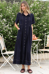 Bento Midi Dress - Wing Collar Button Down Shirt Dress with Contrast Stitching in Indigo