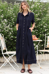 Bento Midi Dress - Wing Collar Button Down Shirt Dress with Contrast Stitching in Indigo