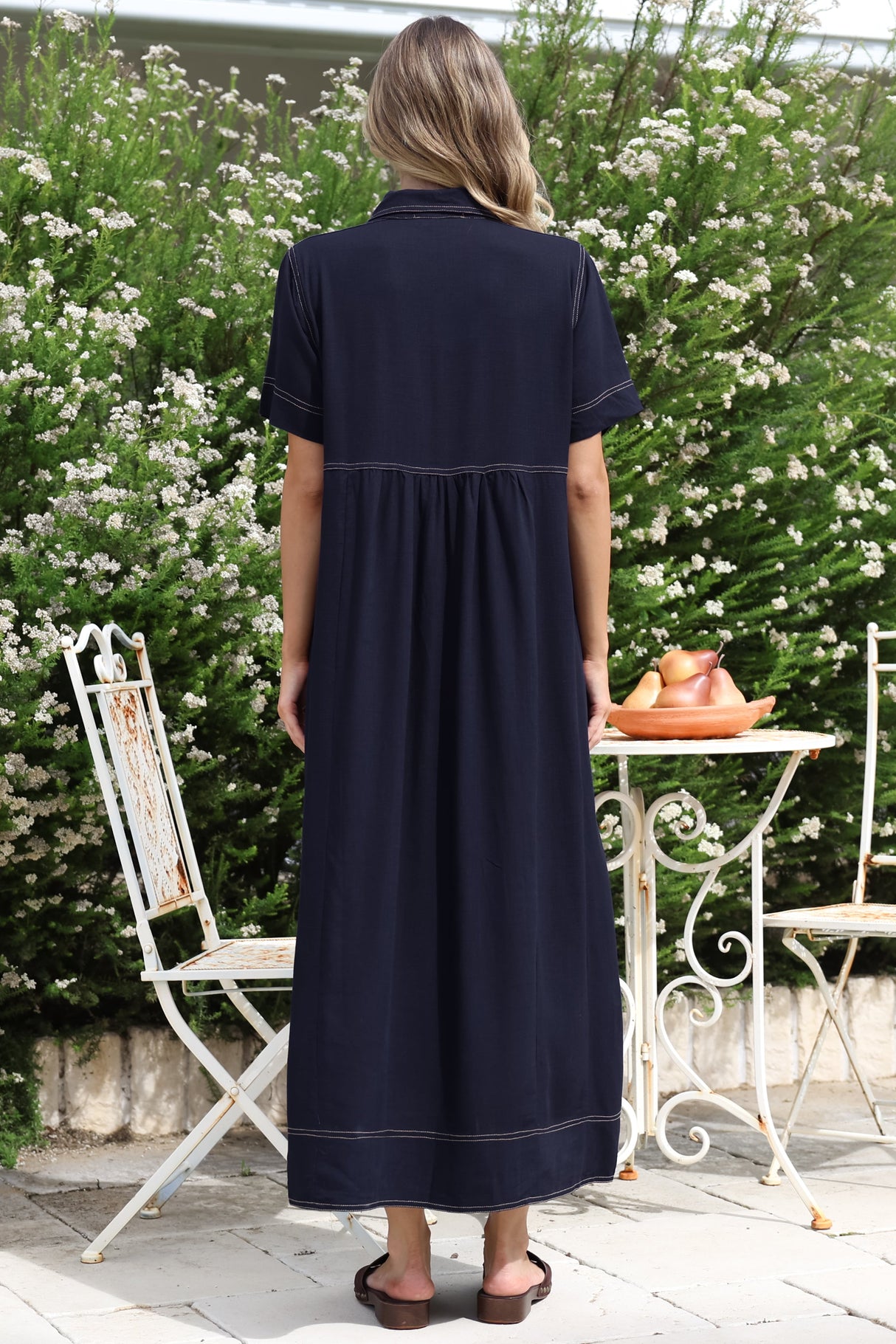 Bento Midi Dress - Wing Collar Button Down Shirt Dress with Contrast Stitching in Indigo