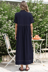Bento Midi Dress - Wing Collar Button Down Shirt Dress with Contrast Stitching in Indigo