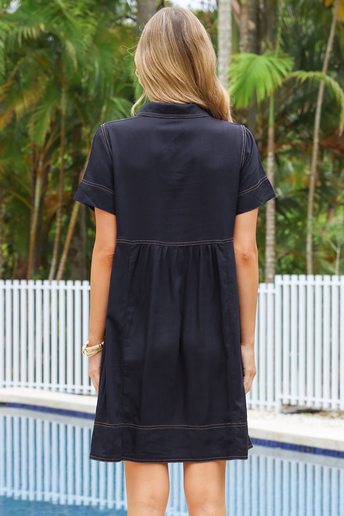 Bento Mini Dress - Collared Button Down Contrast Stitching Dress with Short Sleeves in Navy