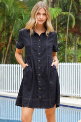 Bento Mini Dress - Collared Button Down Contrast Stitching Dress with Short Sleeves in Navy