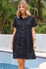 Bento Mini Dress - Collared Button Down Contrast Stitching Dress with Short Sleeves in Navy