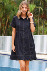 Bento Mini Dress - Collared Button Down Contrast Stitching Dress with Short Sleeves in Navy