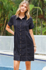 Bento Mini Dress - Collared Button Down Contrast Stitching Dress with Short Sleeves in Navy