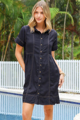 Bento Mini Dress - Collared Button Down Contrast Stitching Dress with Short Sleeves in Navy