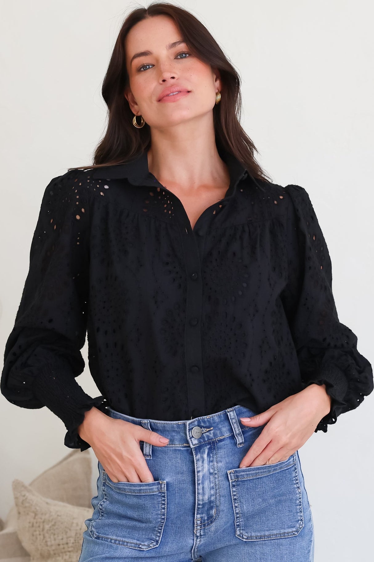 Model wearing Benton Blouse in Black from Salty Crush