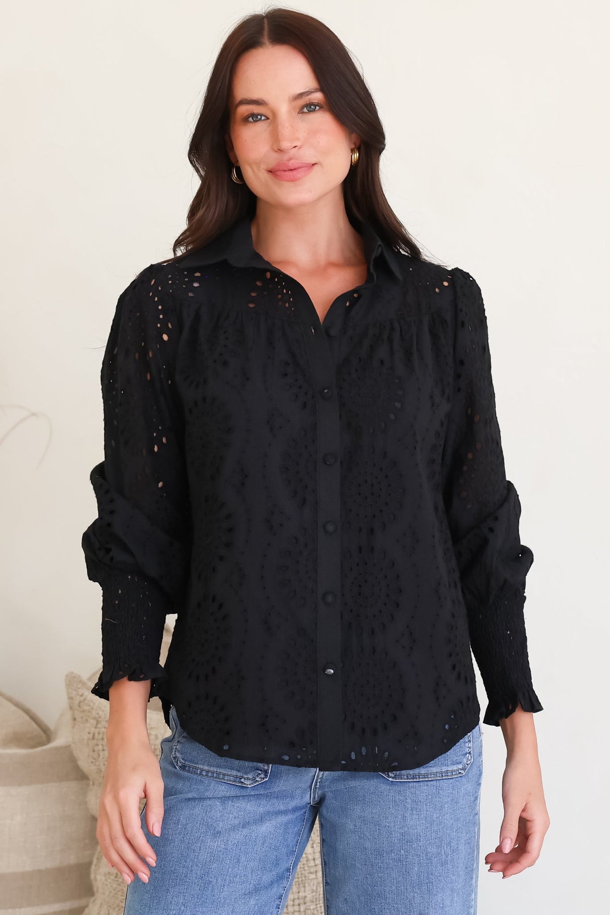 Benton Blouse - Hollow Out Embroidered Button Down Shirt in Black