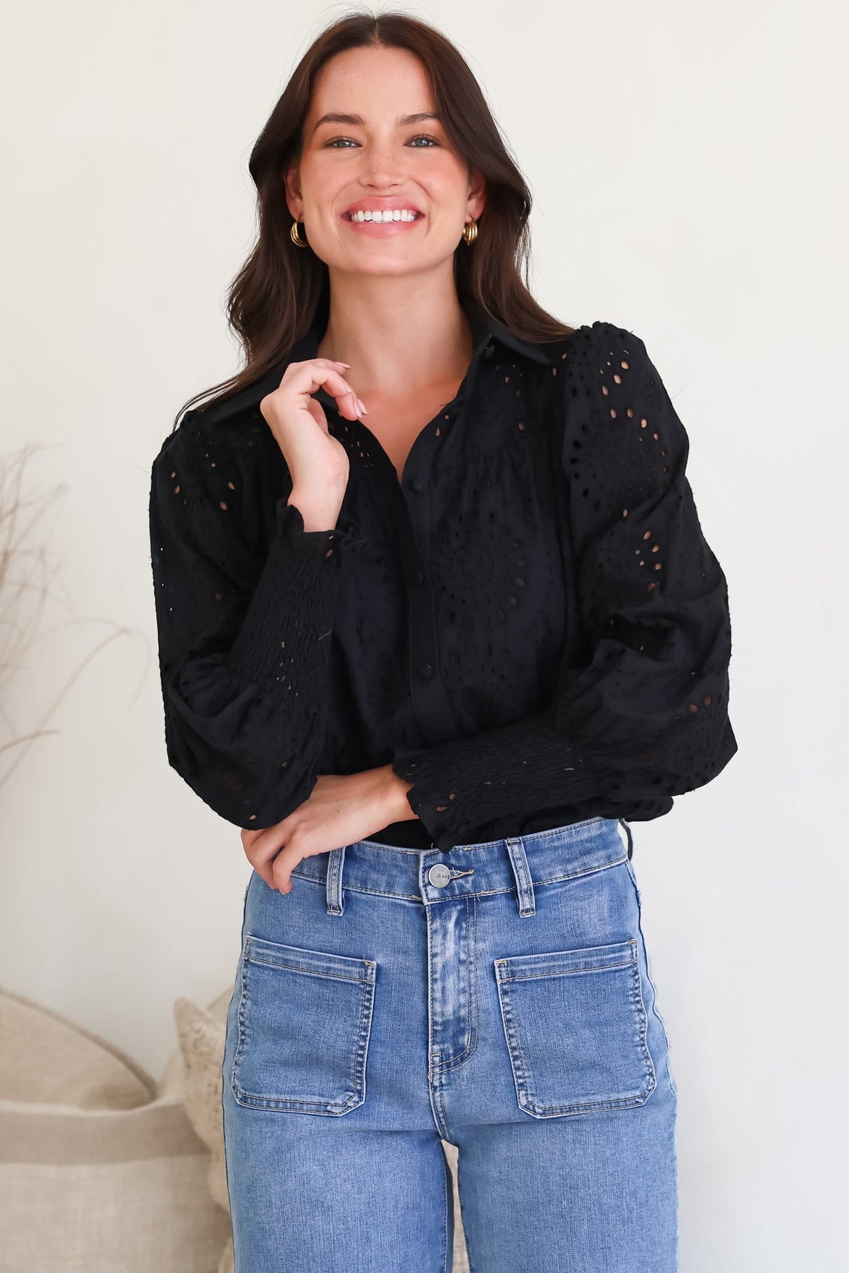 Benton Blouse - Hollow Out Embroidered Button Down Shirt in Black
